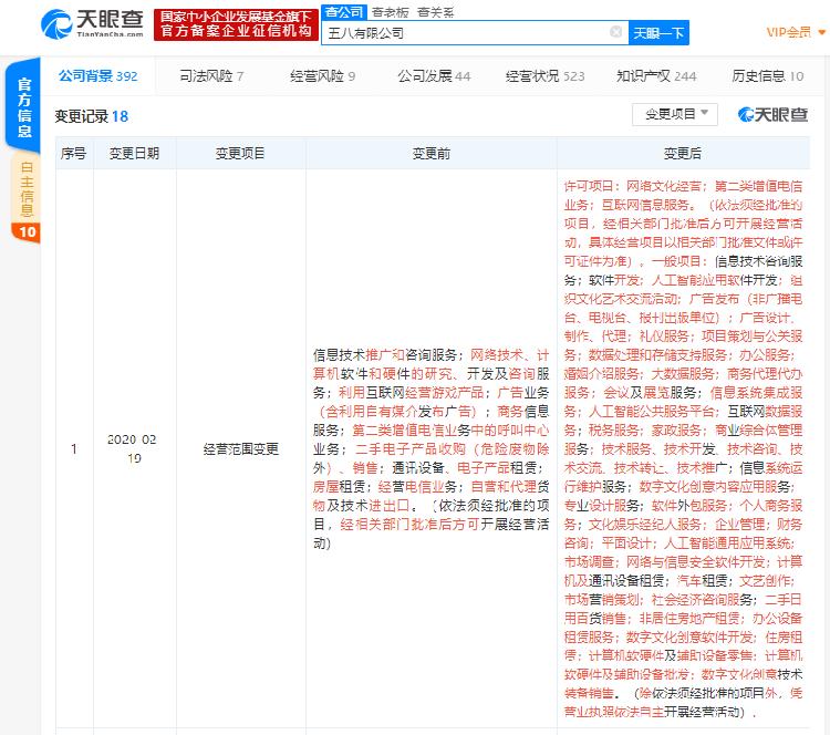 58同城全资子公司经营范围发生变更,新增人工智能应用软件开发